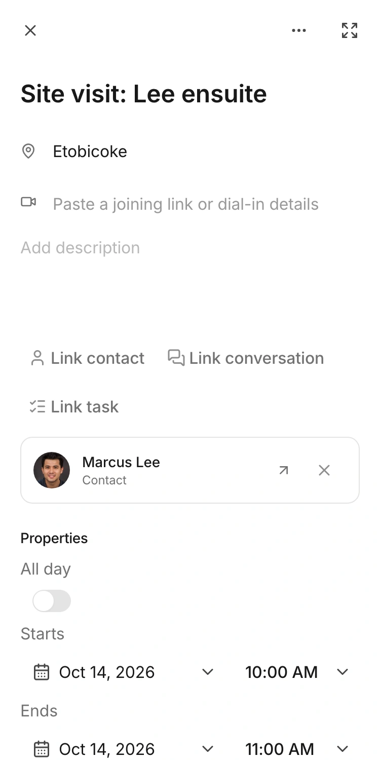 Open the event to see its start time and linked contact.