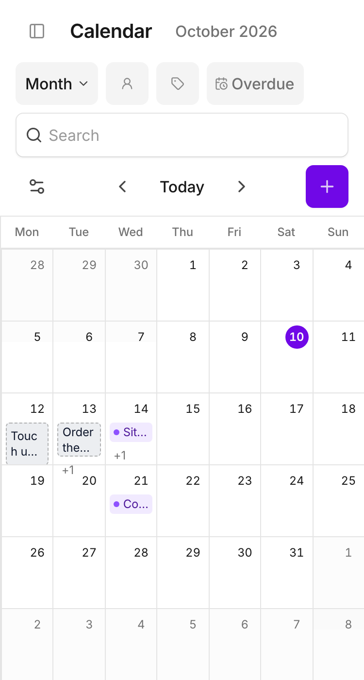 Customer visits and task deadlines share the month view.