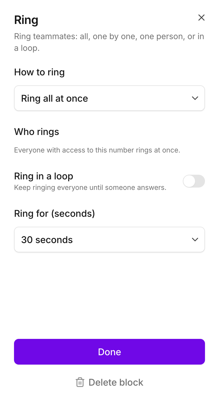 The ringing step shows the ringing mode and how long the team’s phones ring.