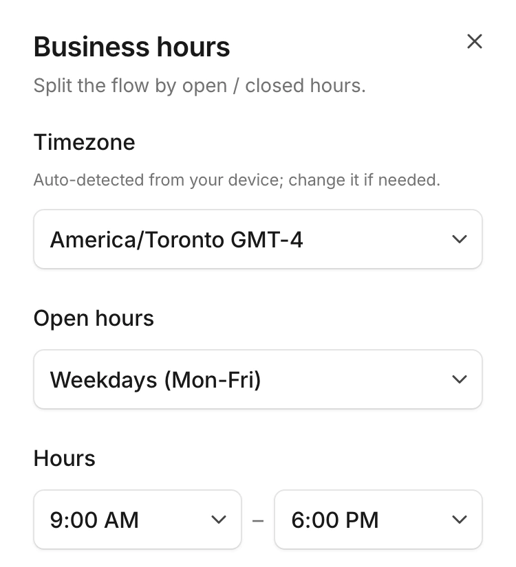 The business-hours configuration shows the timezone and weekly opening windows.