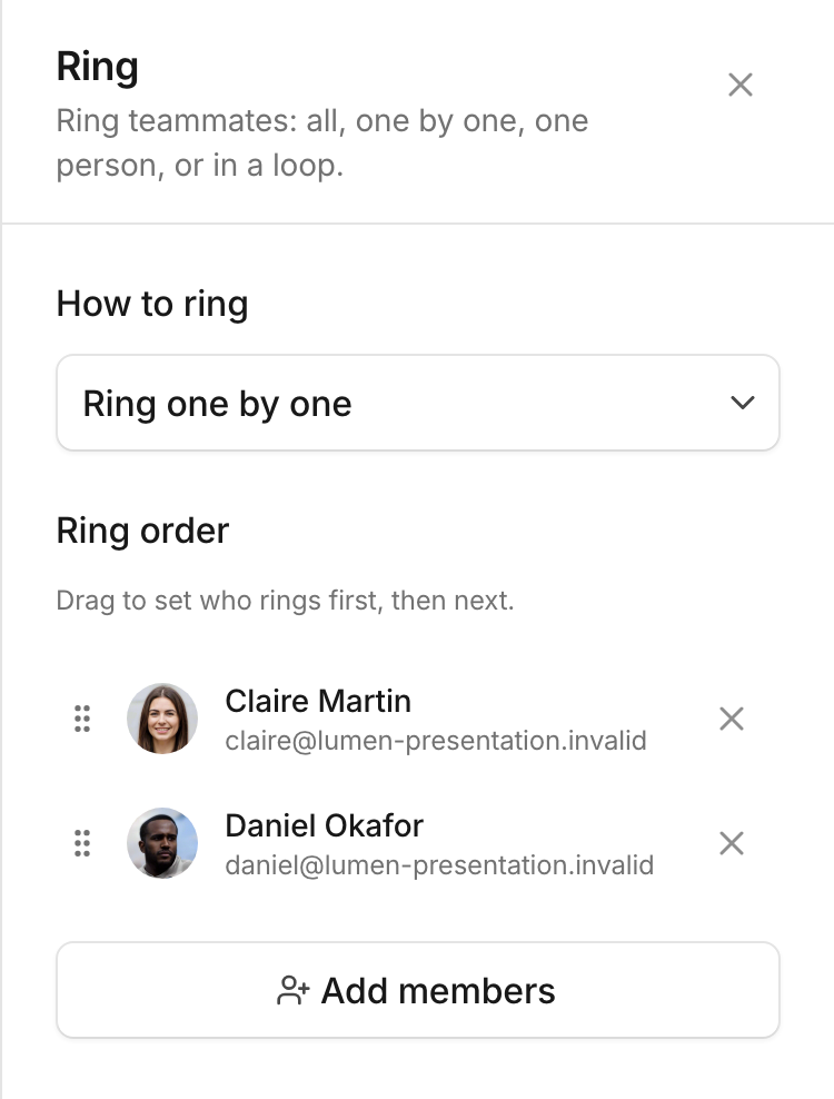 Set the order in which colleagues ring, with Claire first and Daniel next.