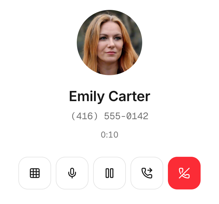 The customer’s name, elapsed time and mute, hold and transfer controls stay visible.