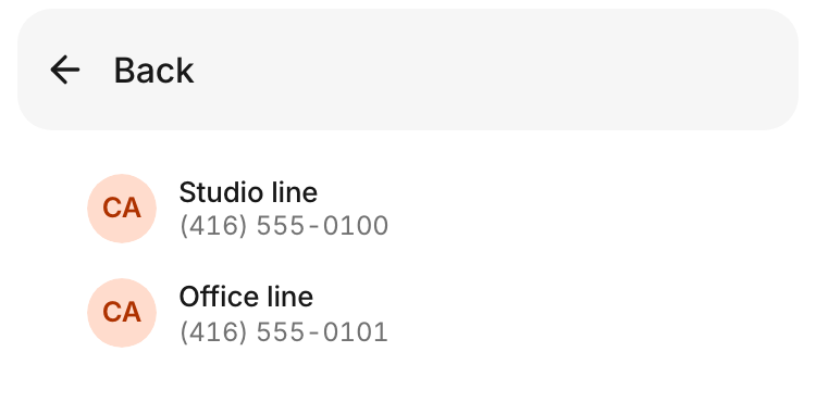 The line picker shows which business number the call will come from.