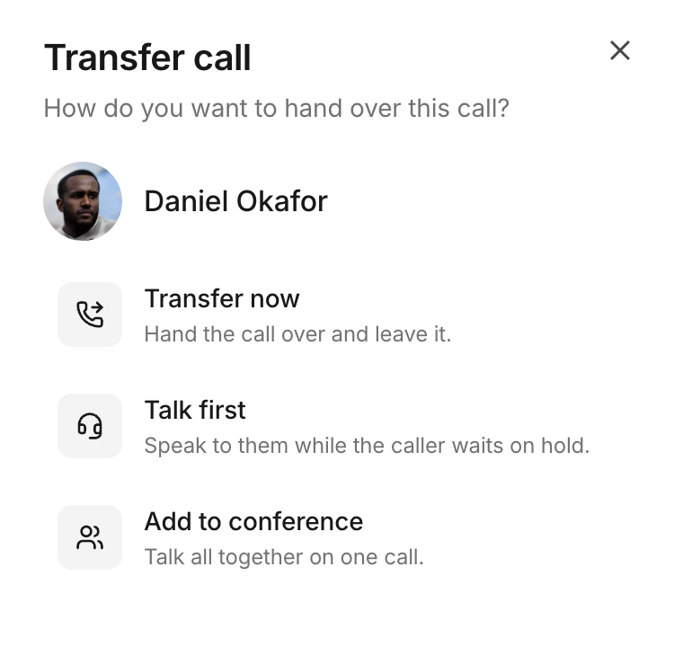 Transfer now, or talk to the colleague first while the caller waits on hold.
