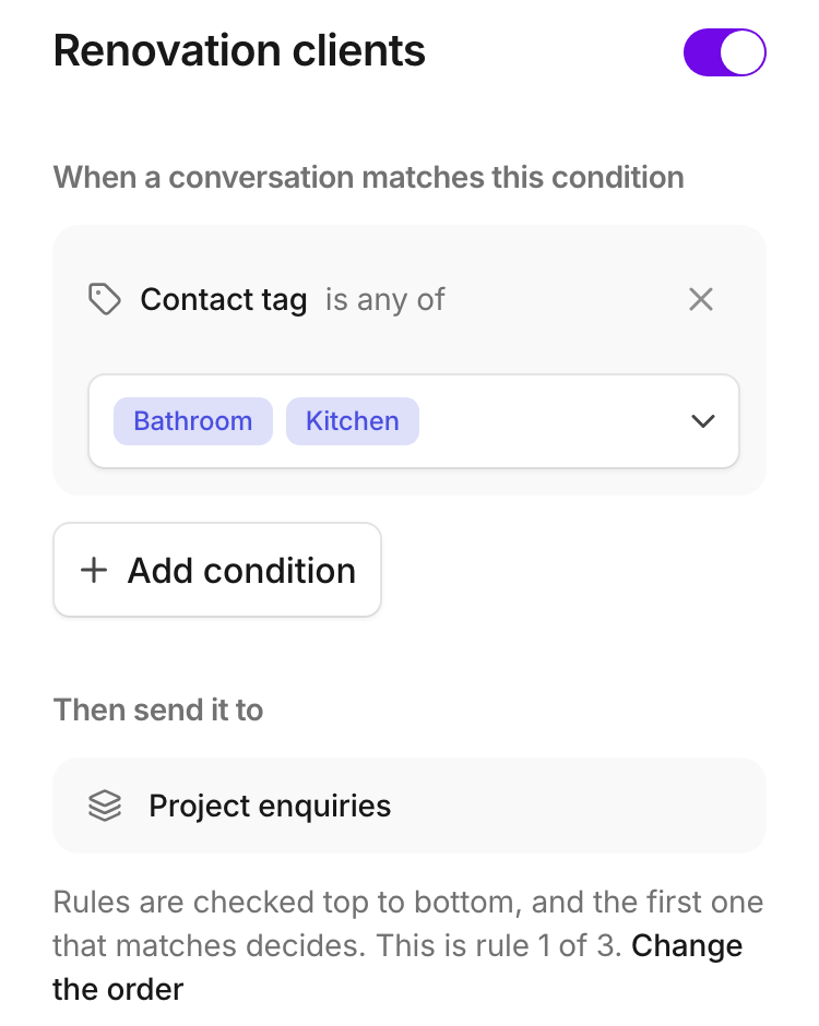 Conversation conditions and a queue destination make the routing rule explicit.