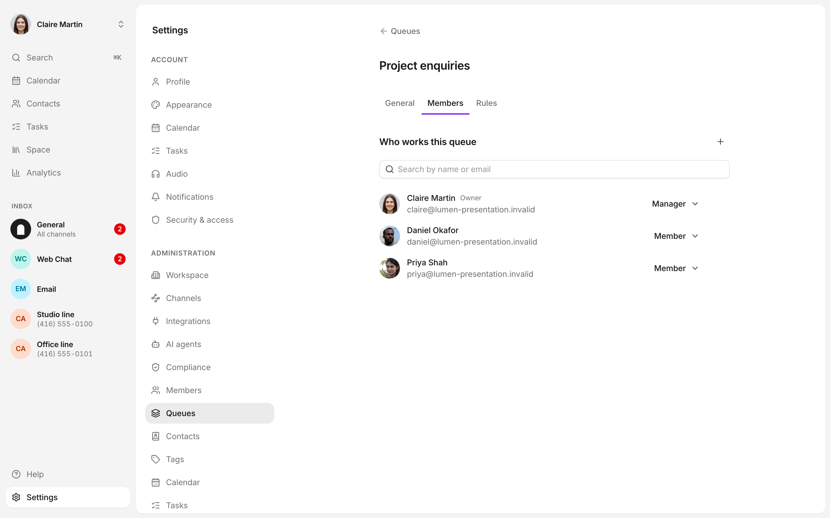 The queue’s member list shows the people who work it and their roles.