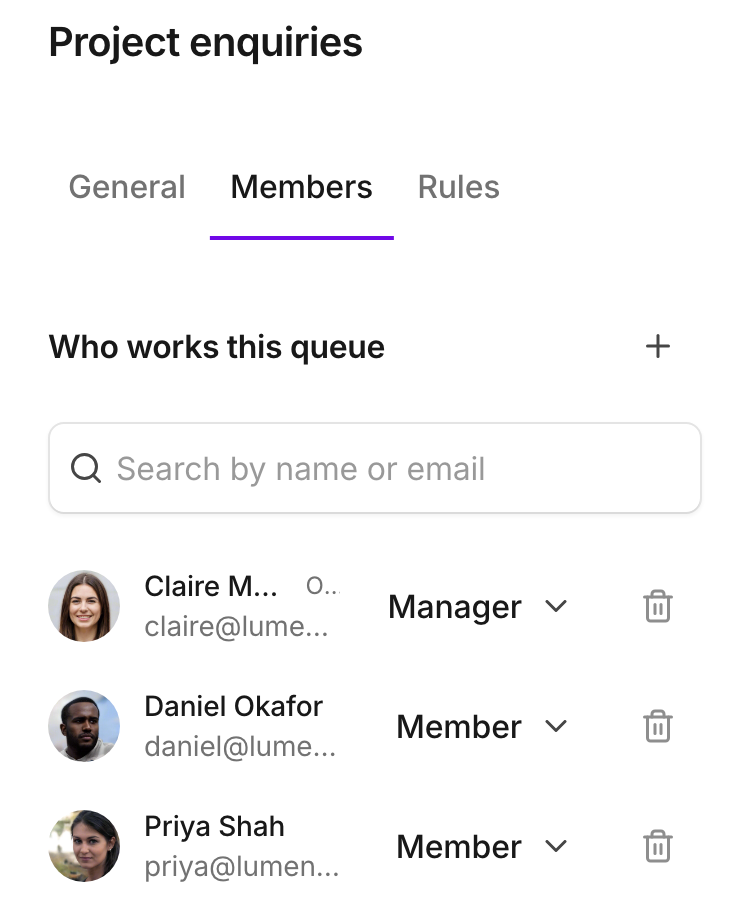 The queue’s member list shows the people who work it and their roles.