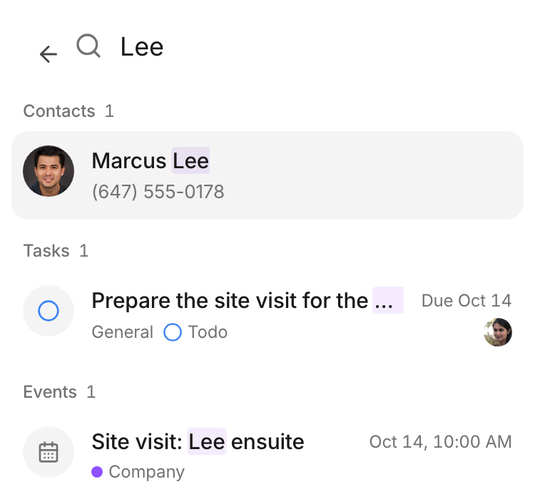 Results show matching records and their categories.