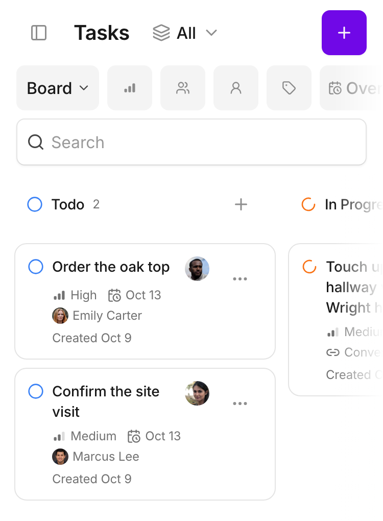 Move through status columns to see the work and the teammate responsible for each task.