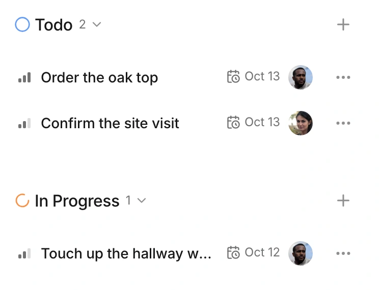The list keeps task status, due date and owner in the same row.