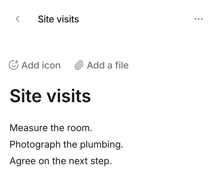 Space: navigation with recent pages and the Client service space beside the open page "Site visits": measure the room, photograph the plumbing, agree on the next step.