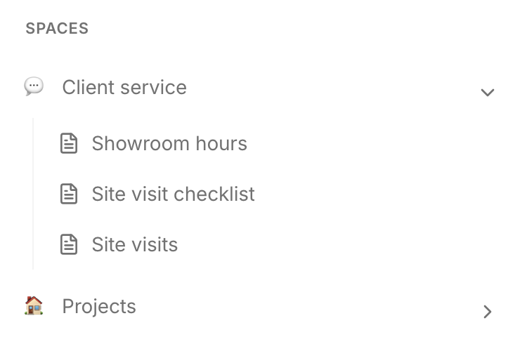 Related pages are grouped in the team's space.