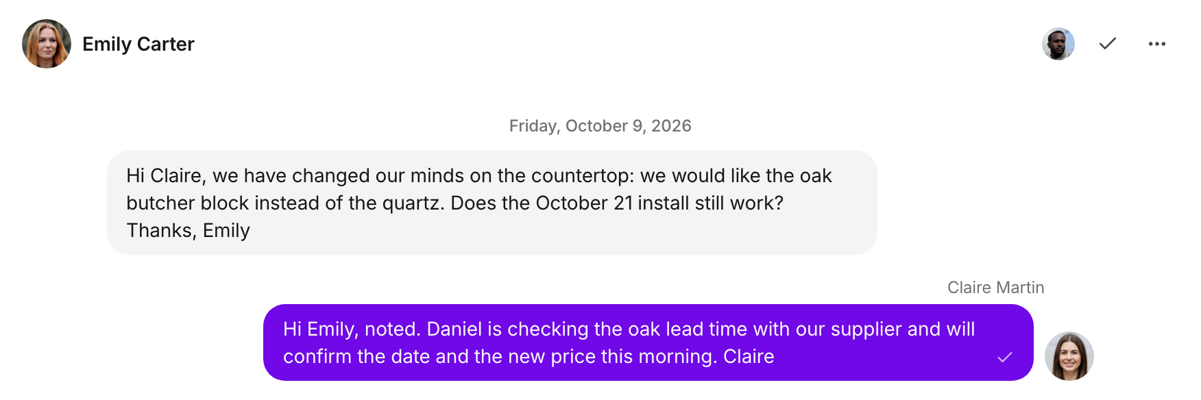 Emily Carter's email in the conversation: she would like the oak butcher block instead of the quartz and asks whether the October 21 install still works.