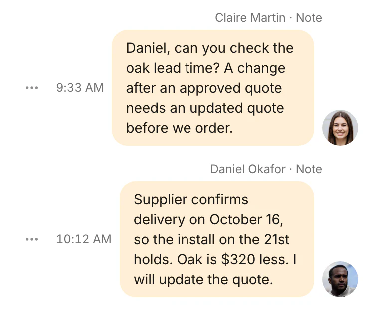 The notes sit with the customer exchange, without becoming customer messages.