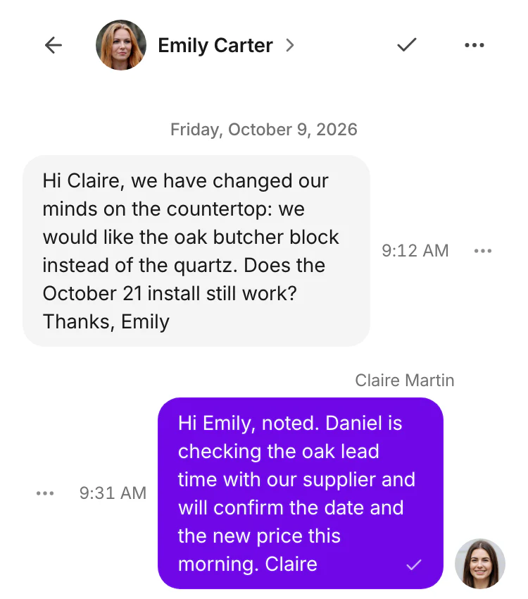 The request and reply remain in the same conversation.