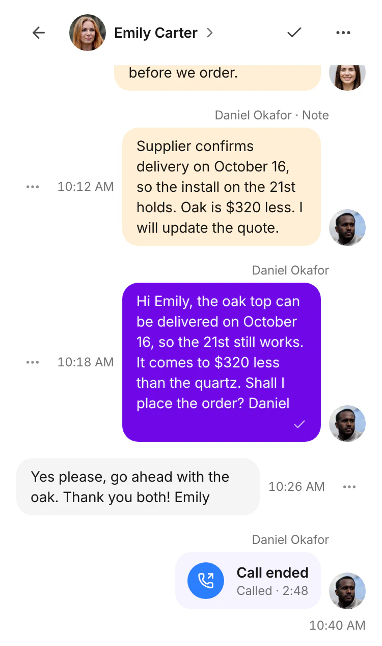 Emily Carter's conversation on a phone: Daniel's note and reply with the October 16 delivery, Emily's go-ahead and Daniel's 2 minute 48 call.