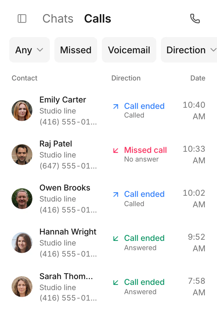 The call history shows the customer, direction and date.