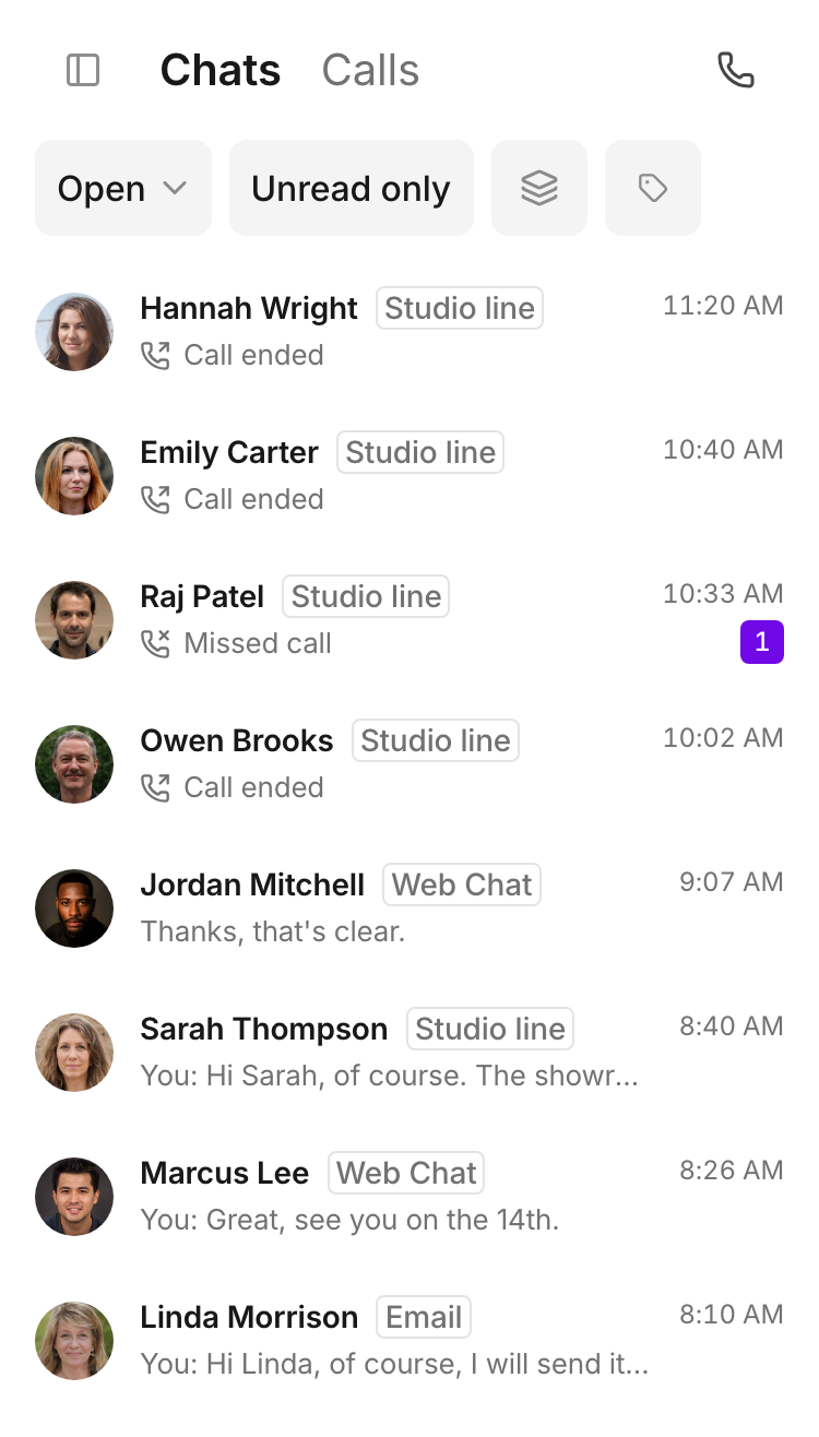 General inbox in Bonmoniq: calls, website chats and emails together, with Emily Carter’s conversation, call summary and contact details open.
