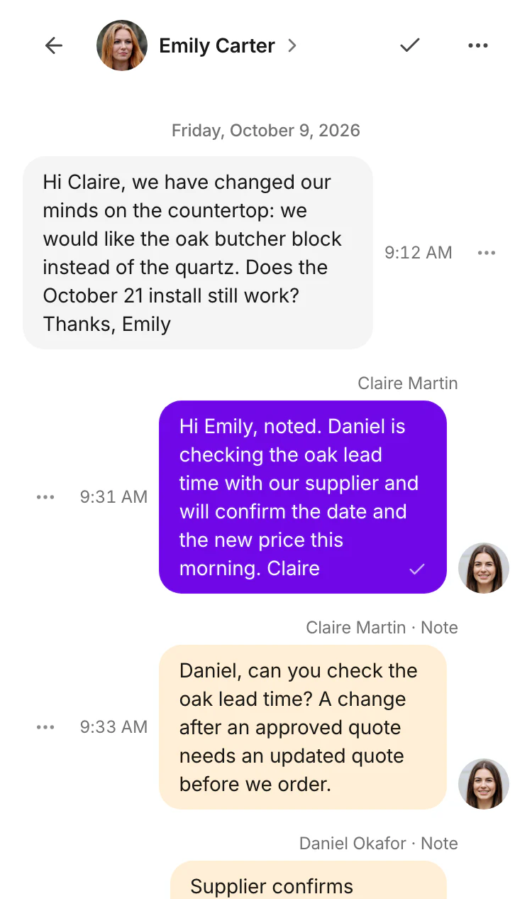 Emily Carter's email in the conversation: she would like the oak butcher block instead of the quartz and asks whether the October 21 install still works.