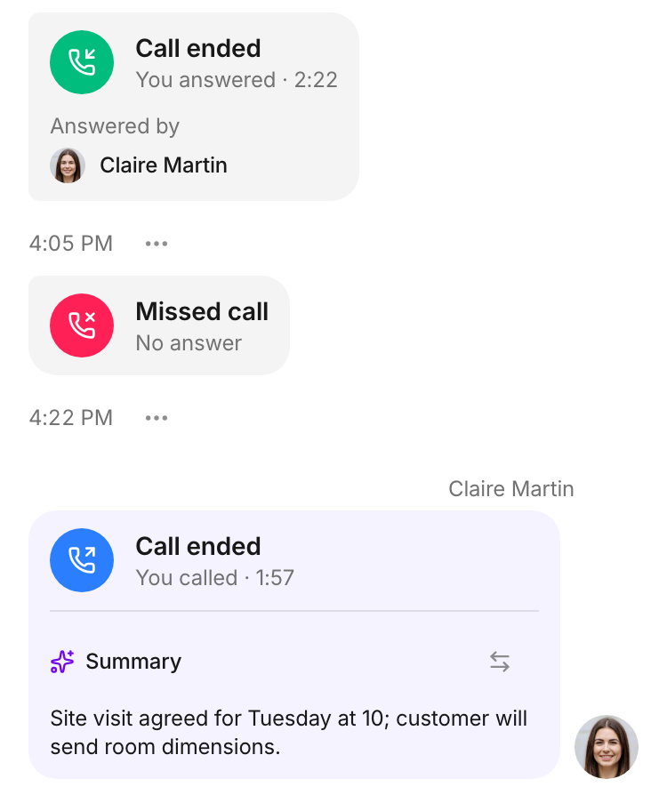 An answered call, a missed call and a returned call with a summary agreeing a site visit.