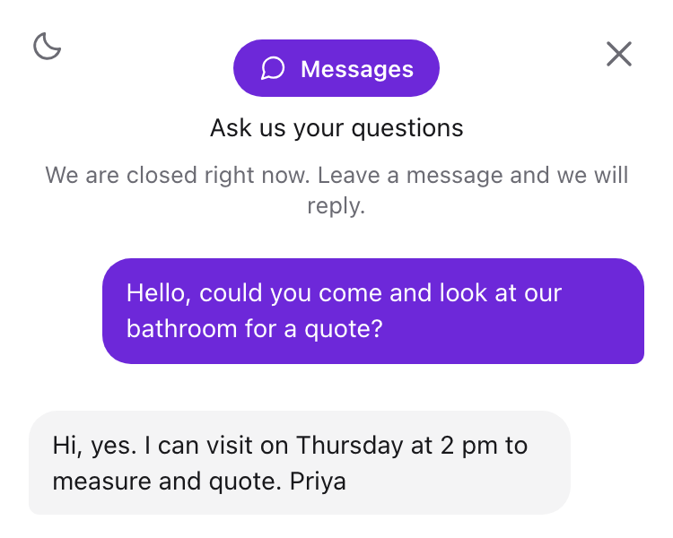 A visitor asks for a bathroom quote in the website widget. Priya replies with a visit time.