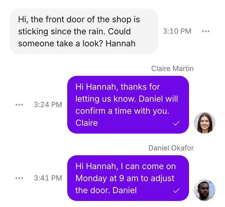 Hannah asks about the shop door. Claire and Daniel reply in the same conversation.