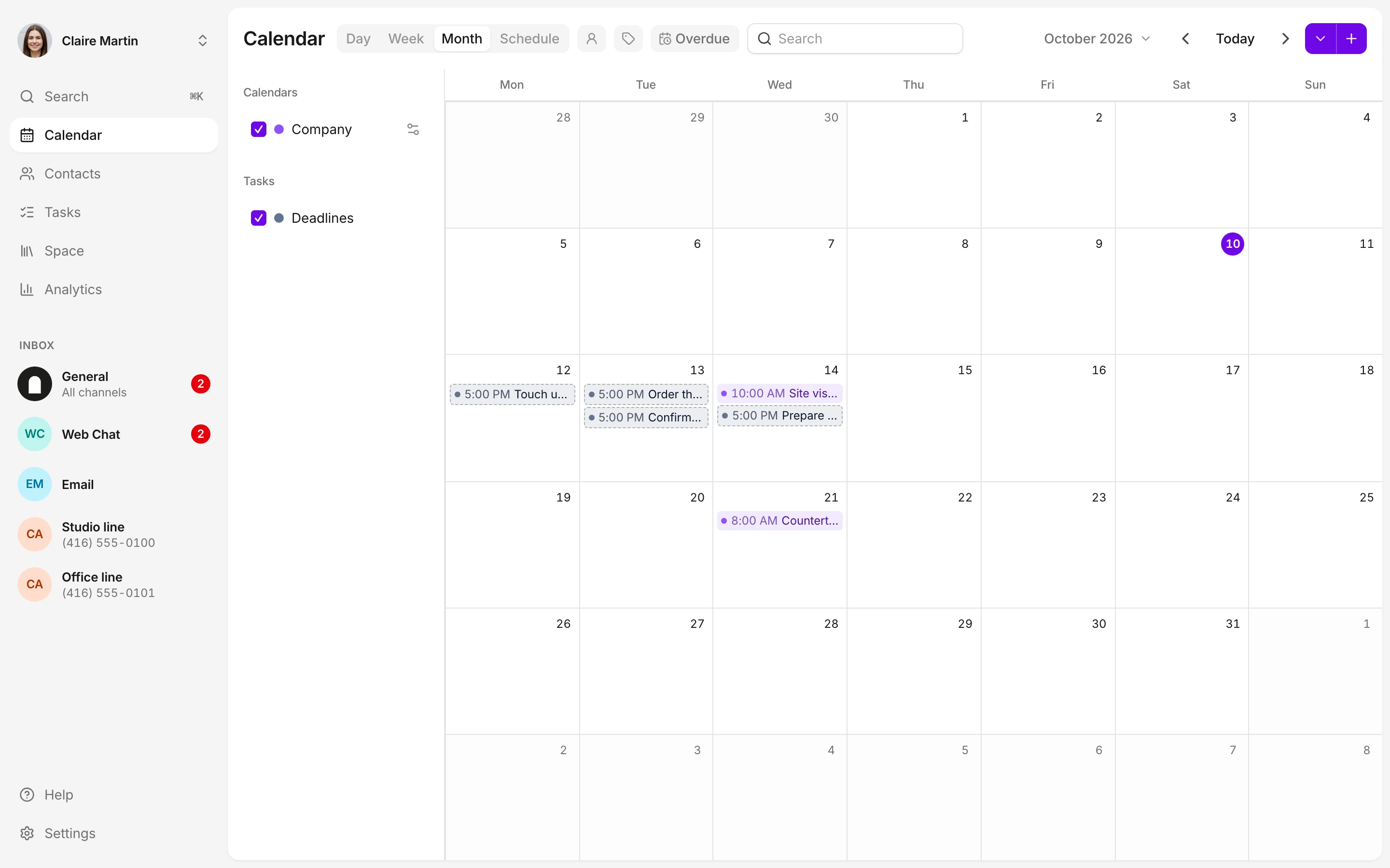 Customer visits and task deadlines share the month view.