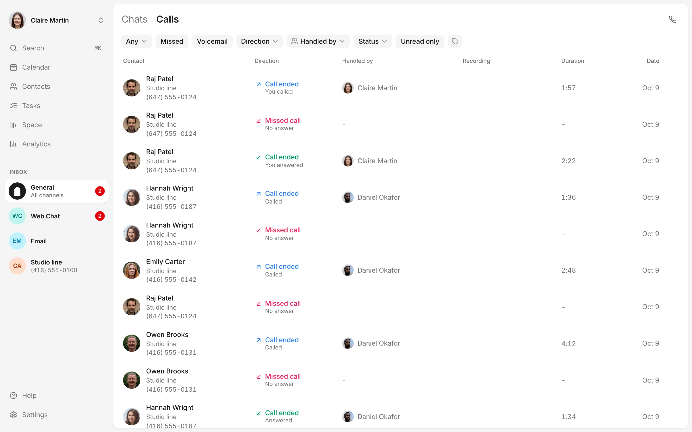 The call history shows the customer, direction and date.