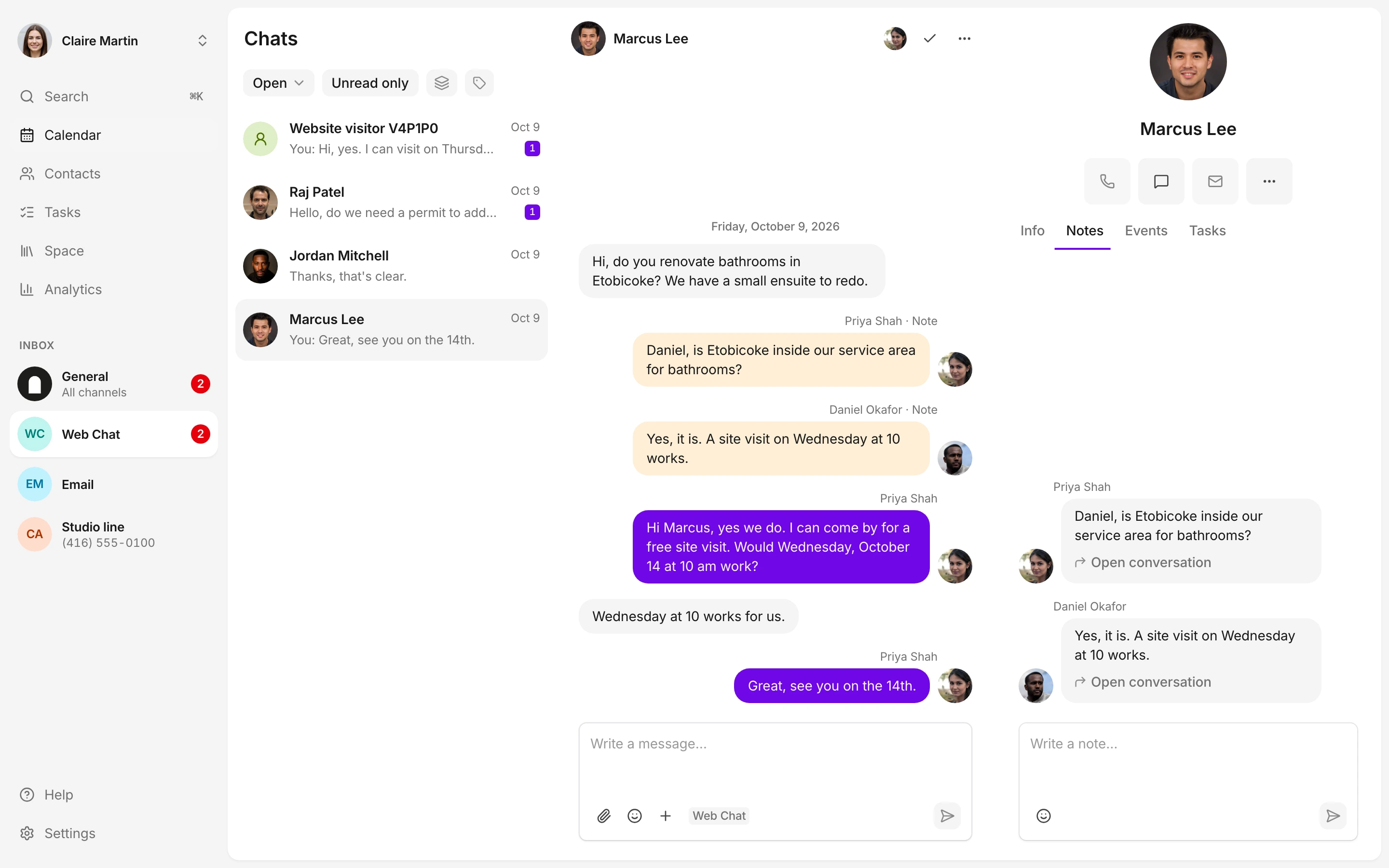 Internal notes appear in the conversation and the Notes panel, beside the customer request the team is discussing.