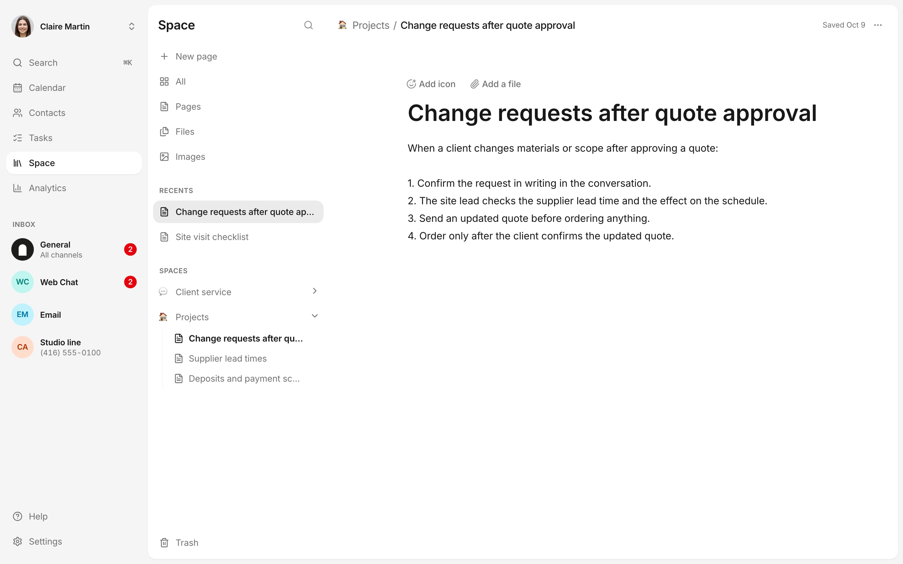 Space keeps the page list beside the open procedure. The team can navigate without leaving the workspace.