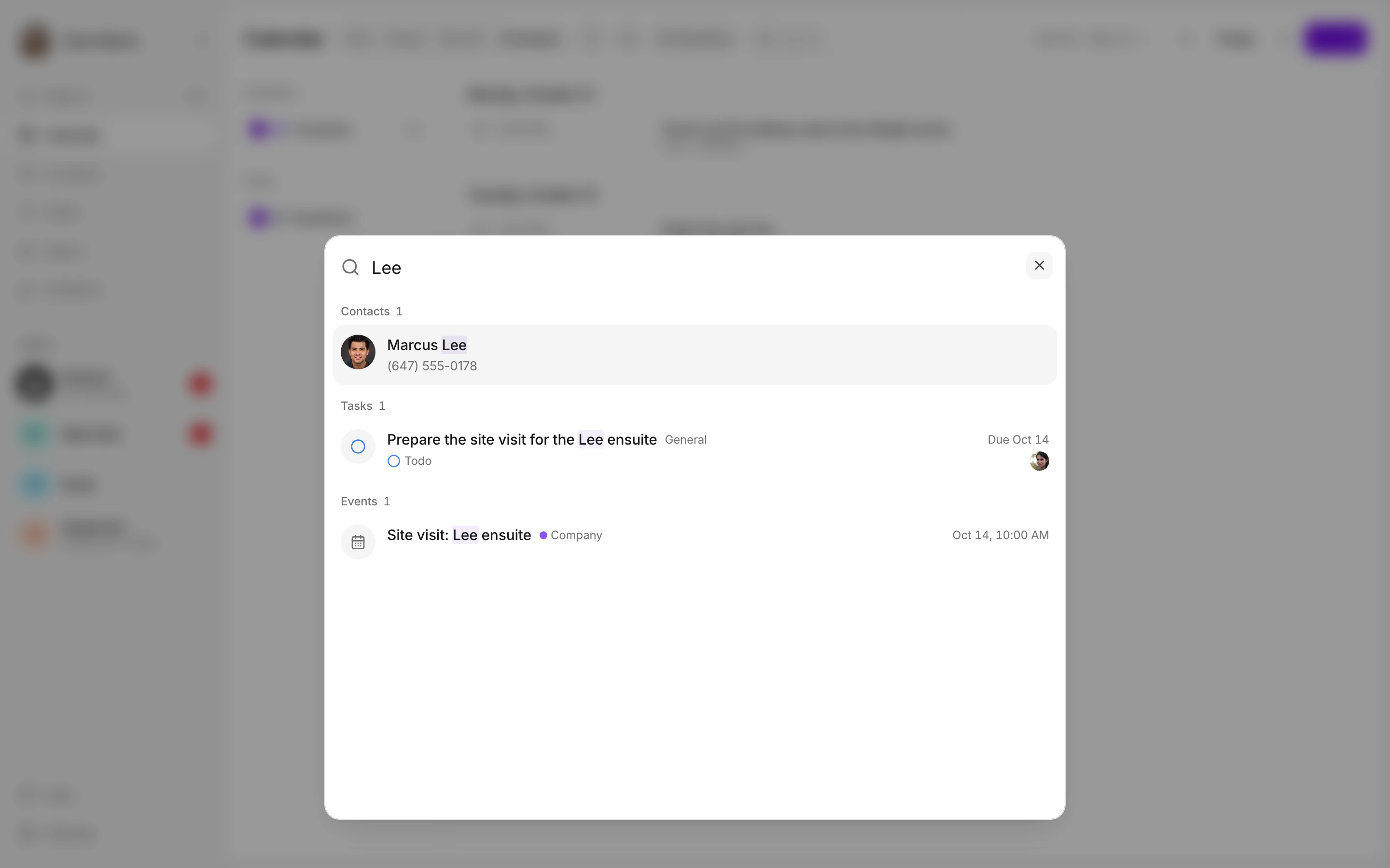 Search opens over the workspace. Matching contacts, tasks and events are grouped, with the search term highlighted.