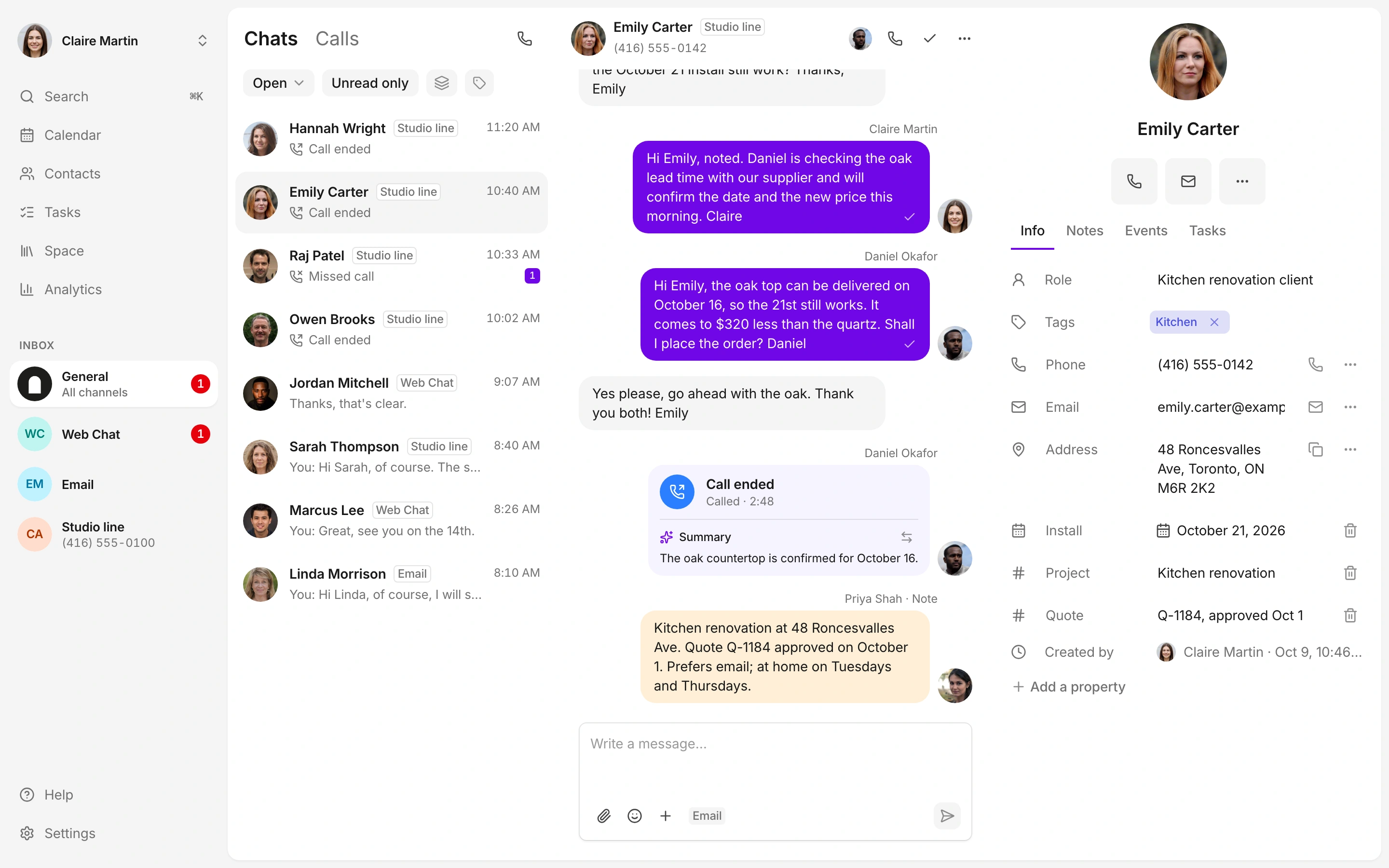 Calls, web chat and email appear in the same customer list.