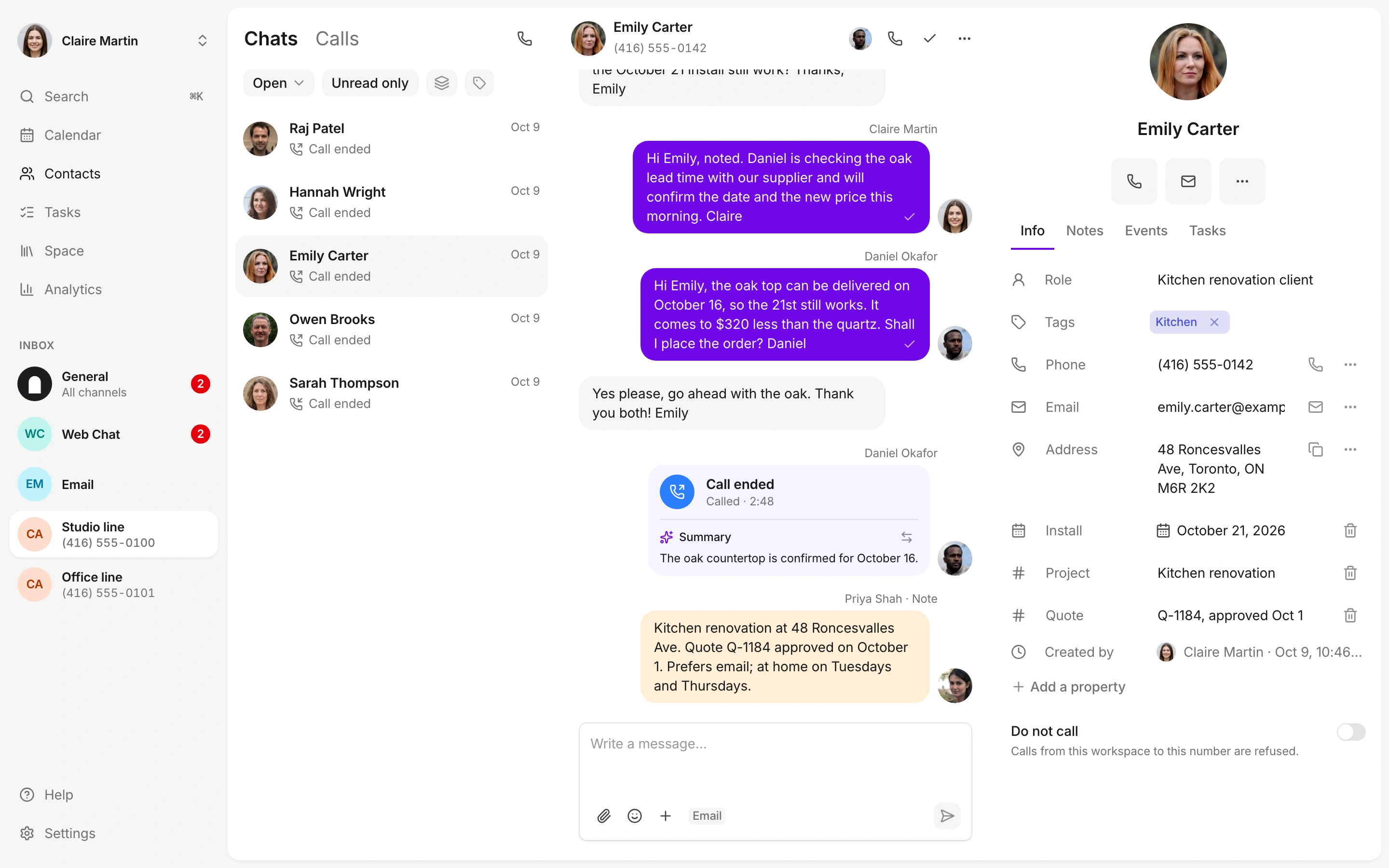 The customer’s request and the team’s replies stay in one thread, with the contact beside it.