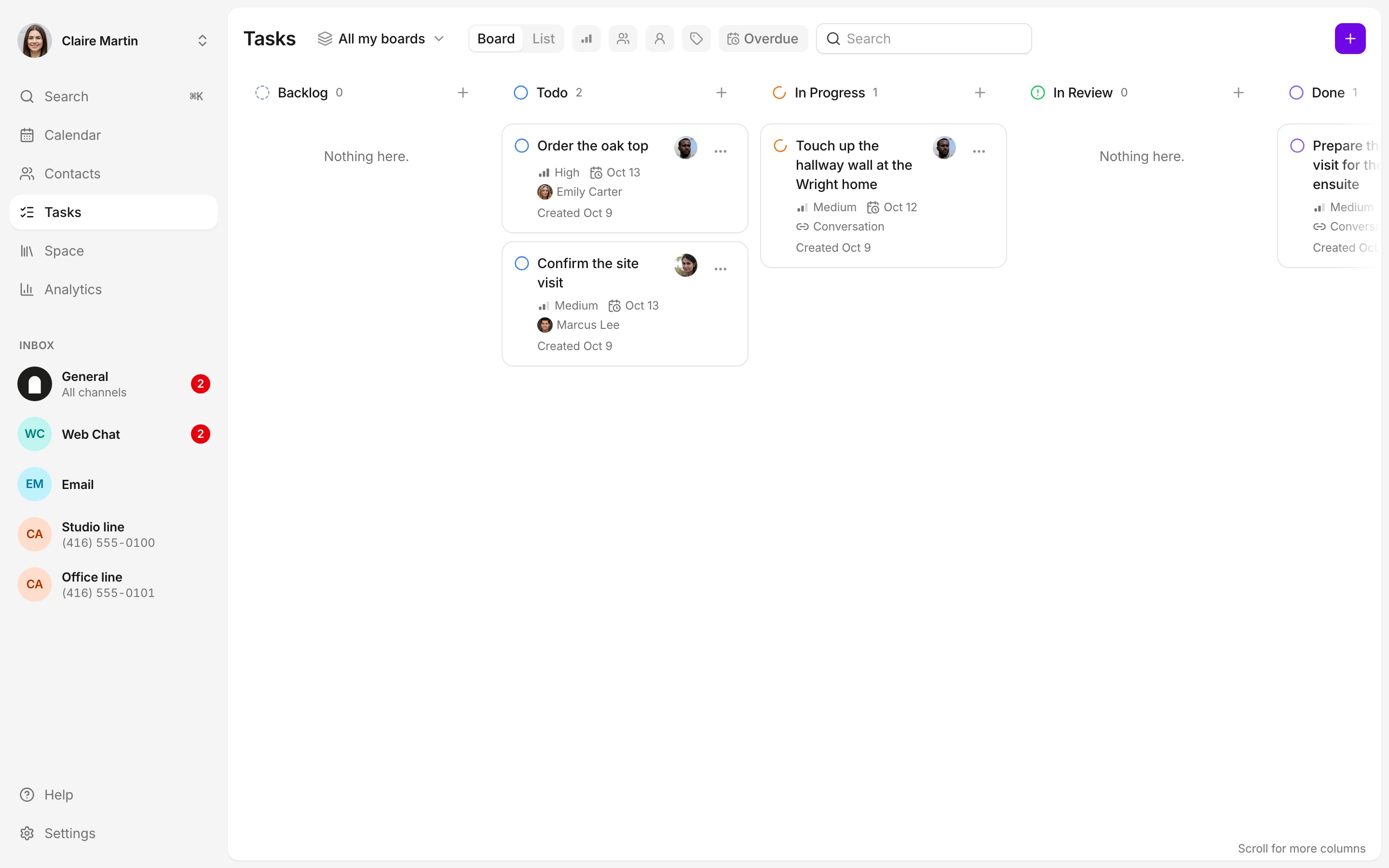 Move through status columns to see the work and the teammate responsible for each task.