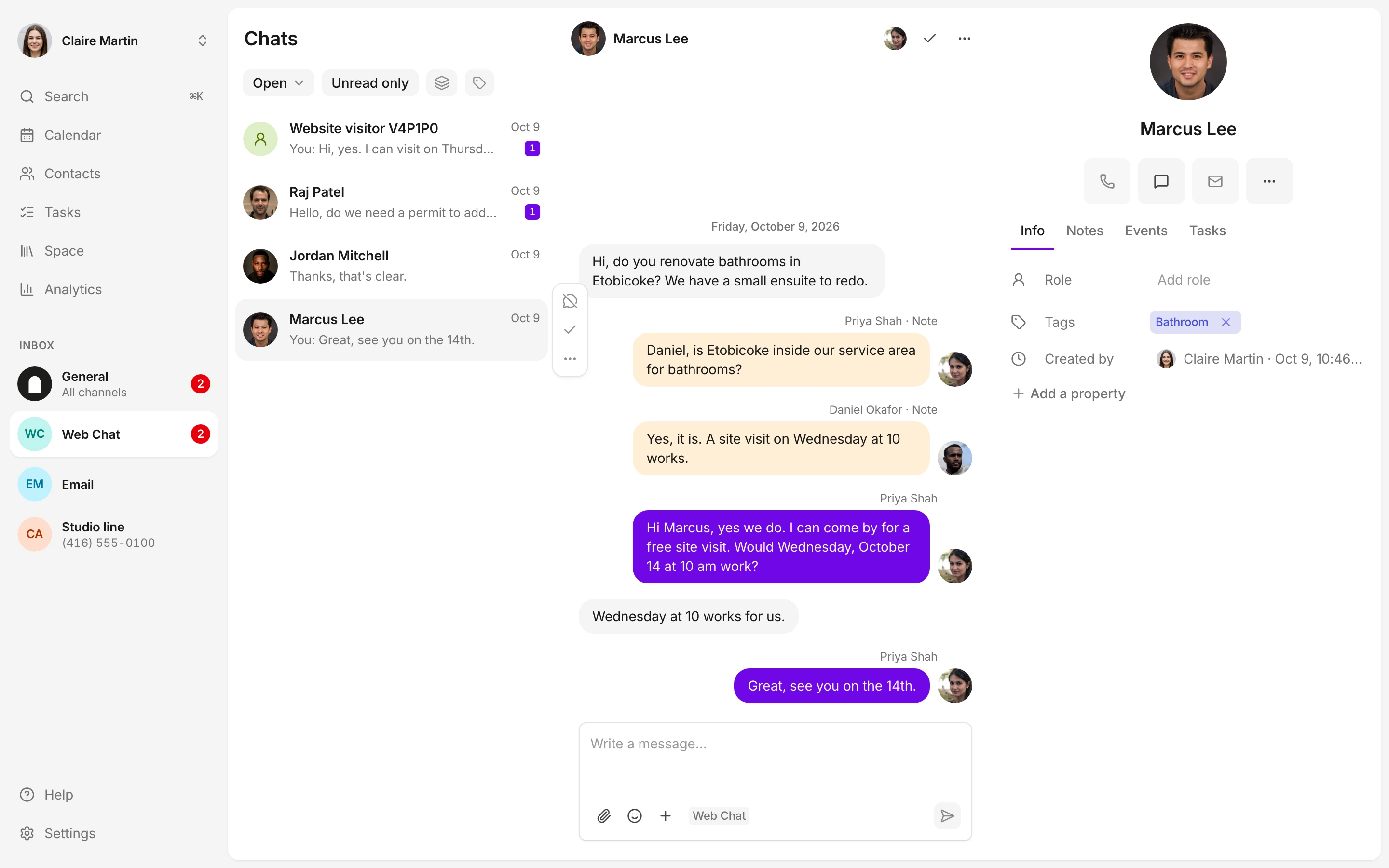 The Web Chat source opens the visitor's conversation for the team. Replies stay with the customer context.