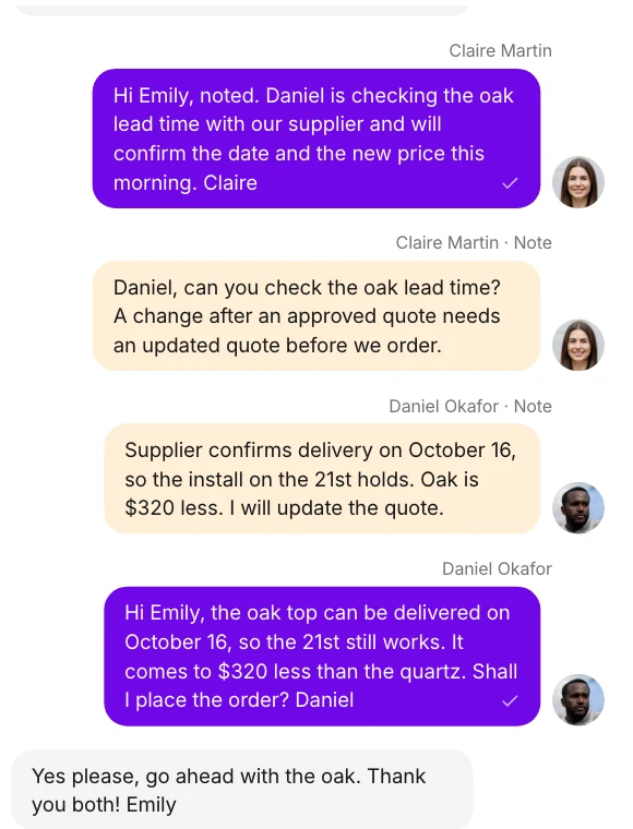 Bonmoniq conversation with Emily Carter: internal notes between Claire Martin and Daniel Okafor, Daniel’s reply and Emily’s go-ahead.