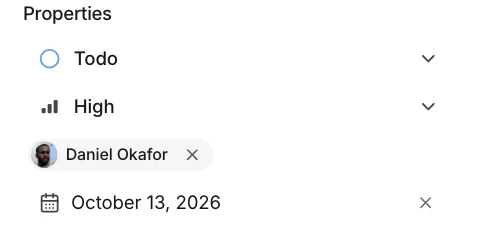 Task properties: Todo, High, Daniel Okafor, October 13, 2026.