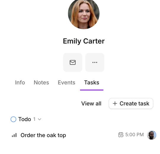 Emily Carter’s contact panel, Tasks tab, with the task Order the oak top under Todo.